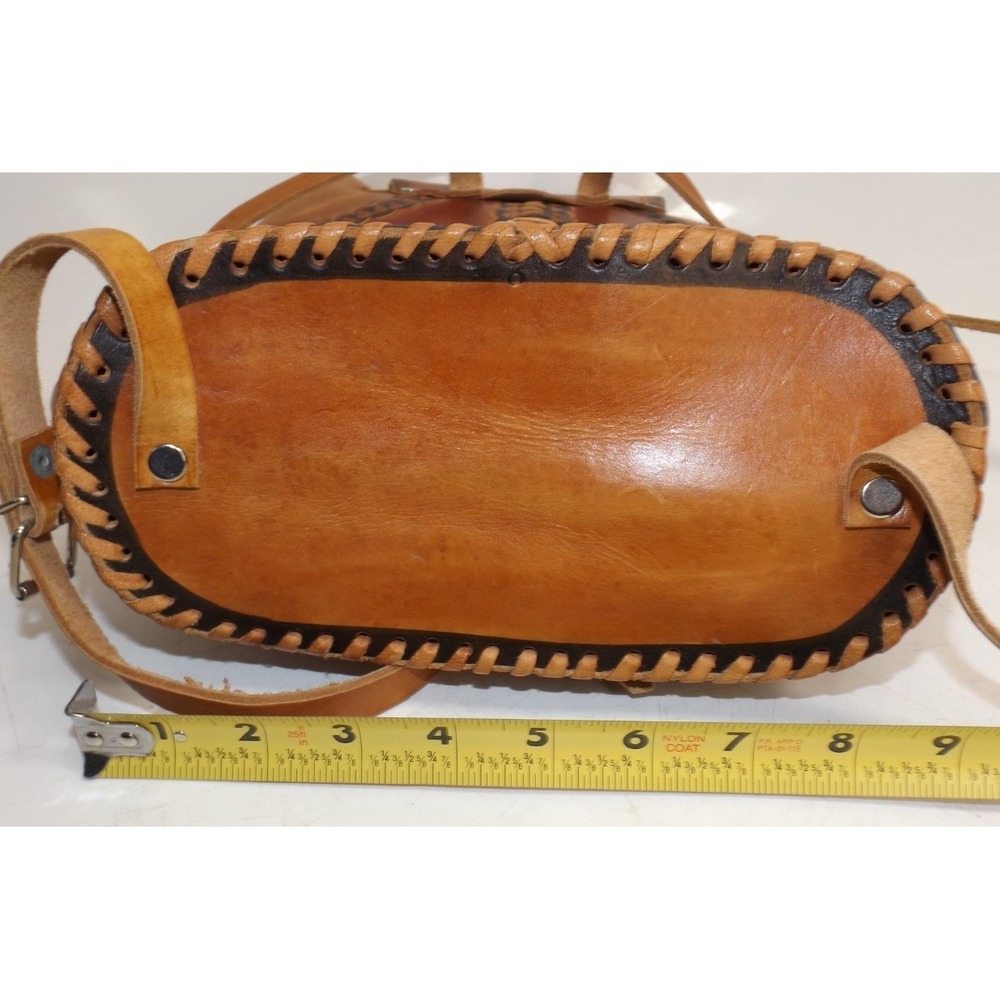Leather Tooled & Stiched Backpack Purse Aztec design 13 x 9 x 5" - Picture 10 of 16